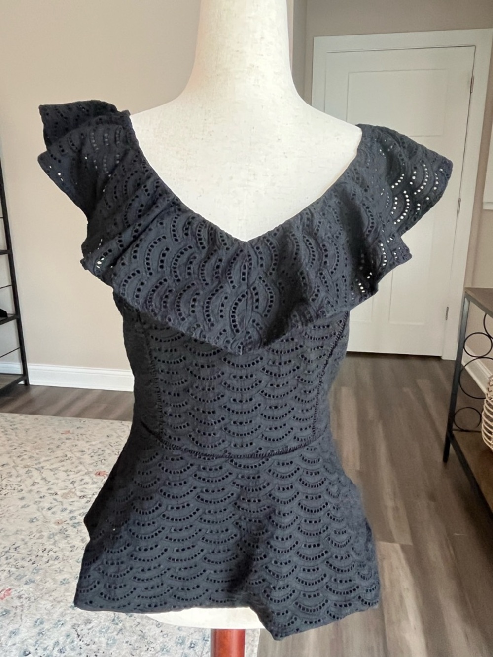 WHBM Black Eyelet Ruffle Peplum Top